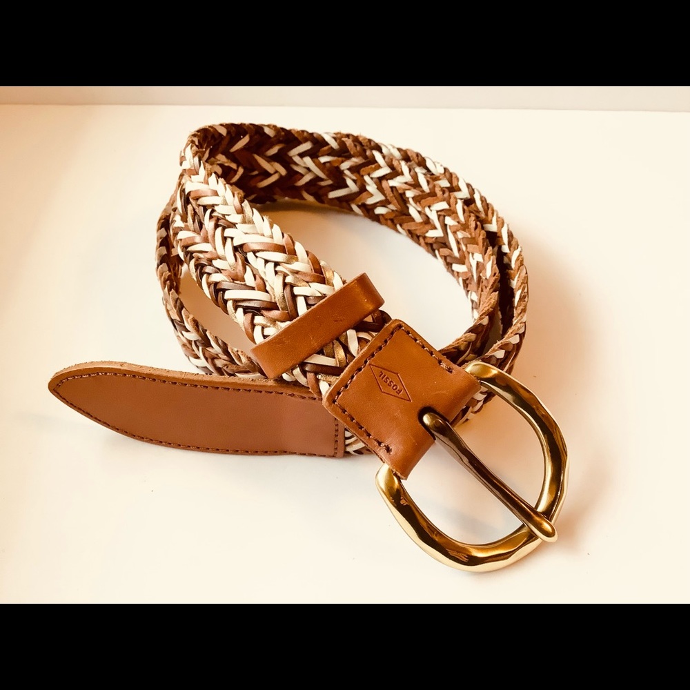 Fossil natural leather belt boho style size L brown